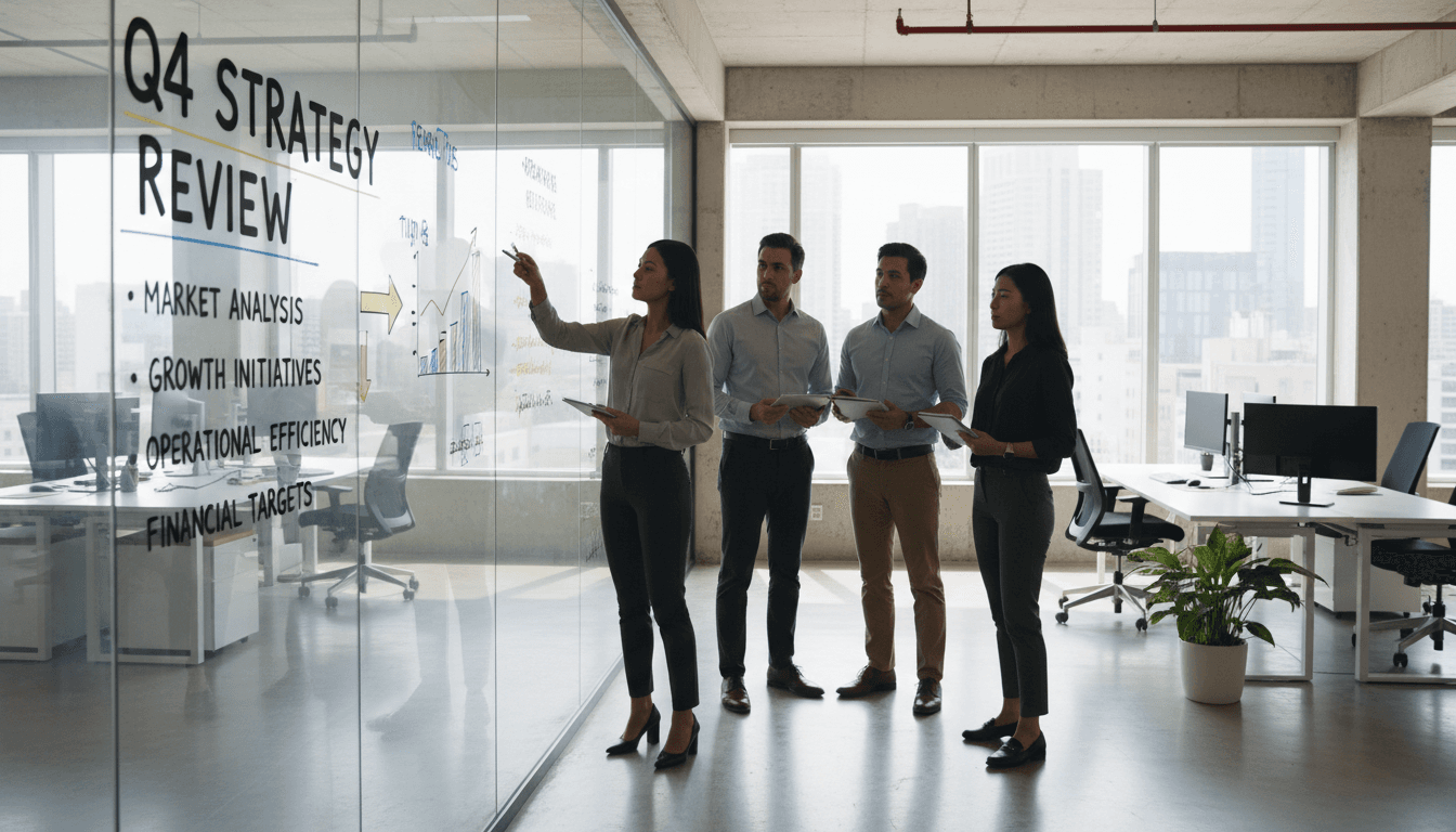 Business team in modern office reviewing strategy documents on a whiteboard