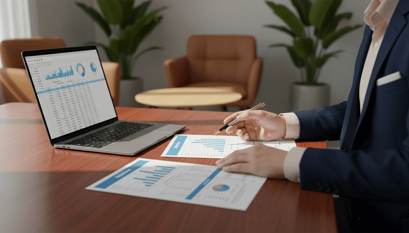 Business consultant reviewing data charts with a client in a modern bright office