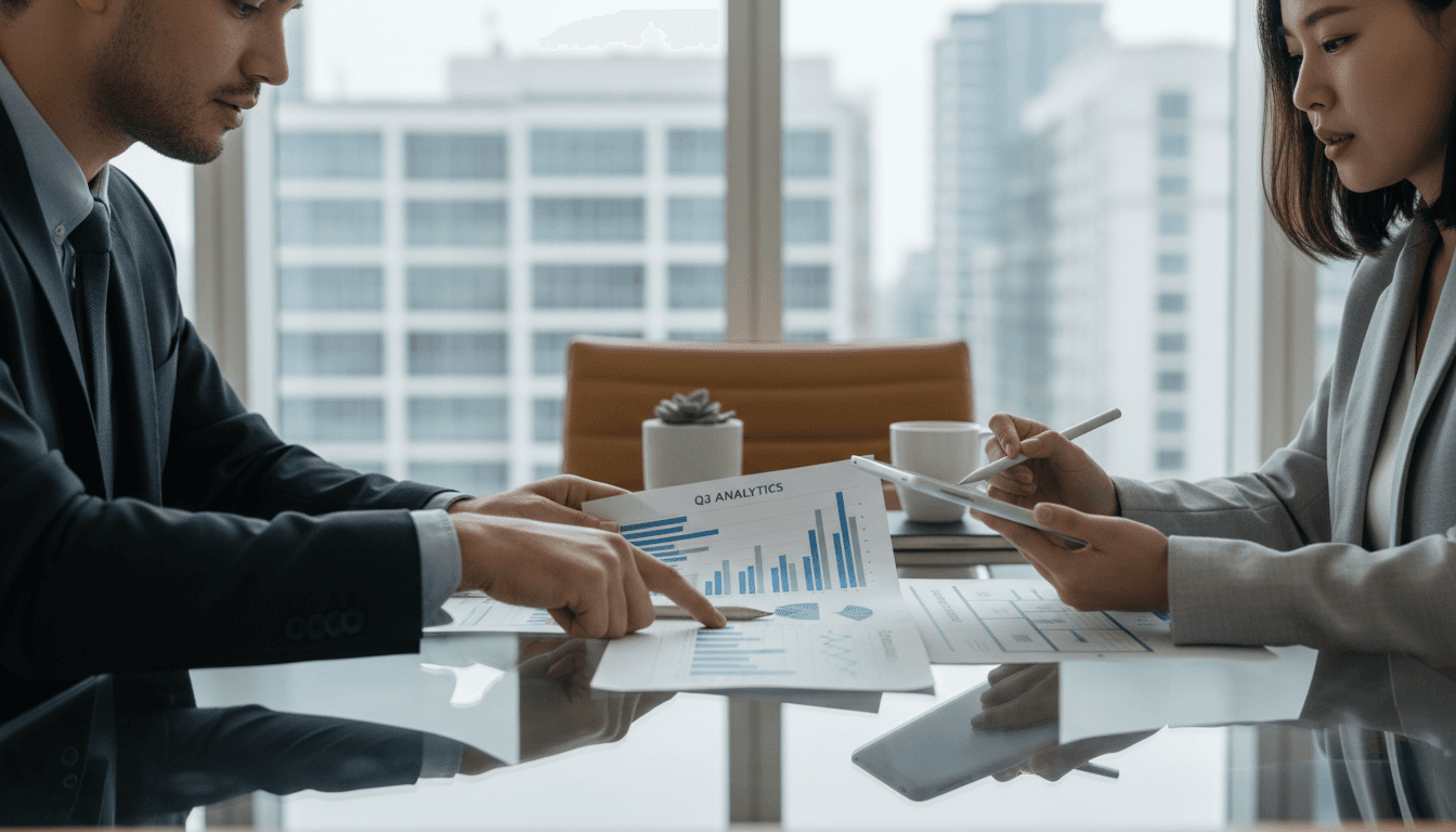 Consultant and client reviewing strategy documents together in a modern office