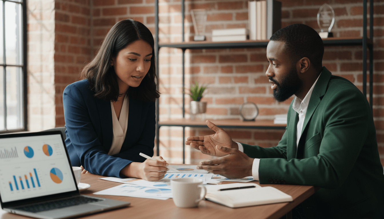 Business consultant reviewing strategy documents with a client at a modern office desk