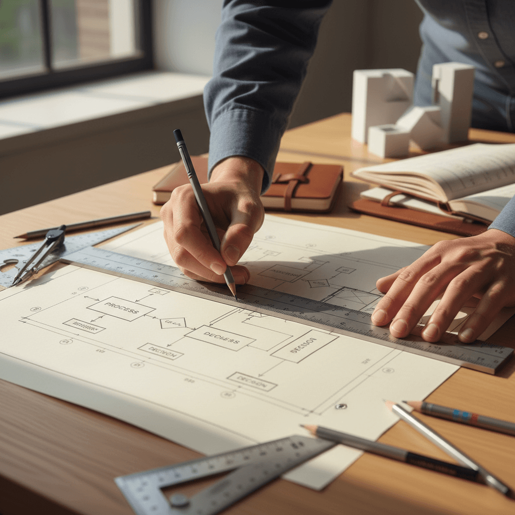 Hands mapping a step-by-step operational workflow
