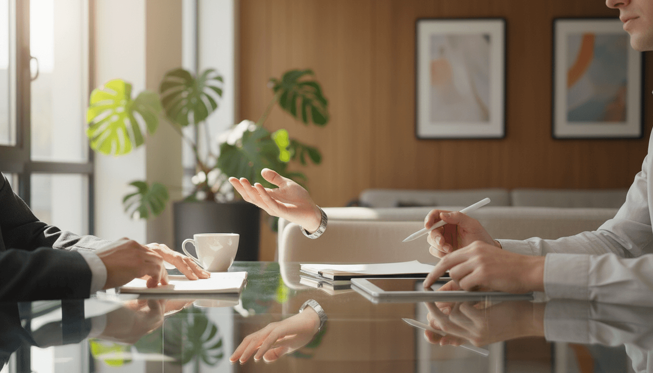 Two people in a focused conversation at a bright modern office table