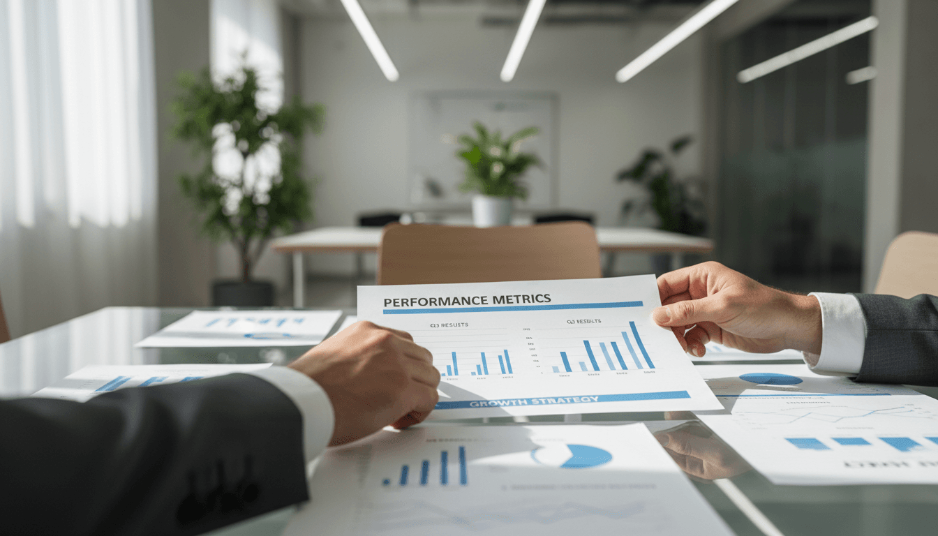 Business consultant reviewing strategy documents with a client