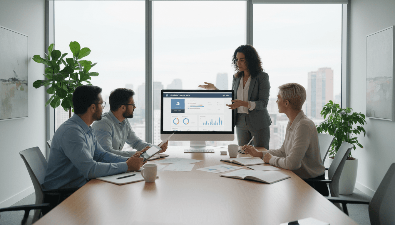 Professional business team collaborating around a conference table in a bright modern office