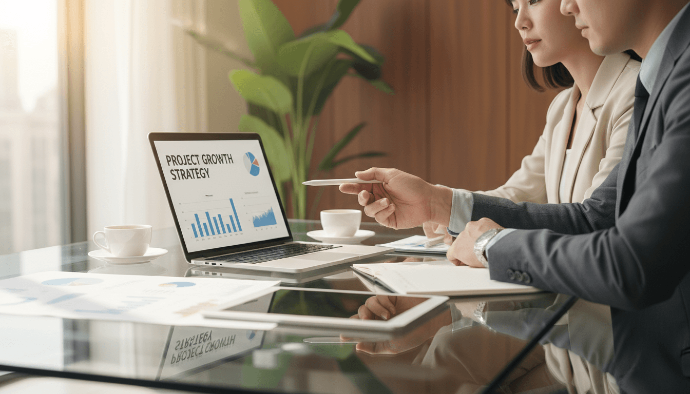 Two business professionals reviewing documents at a modern office table