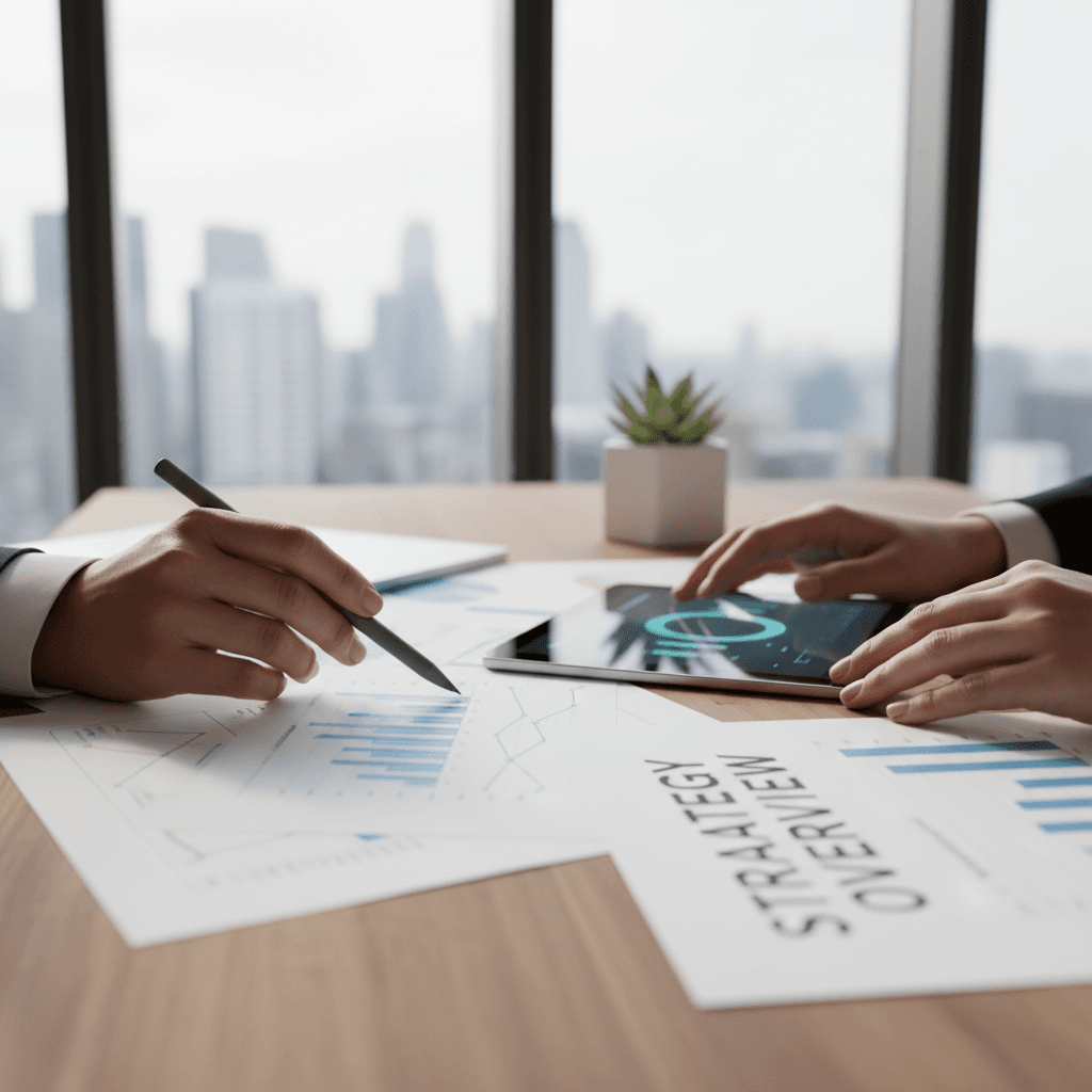 Business consultant working with strategy documents and laptops at a modern office desk